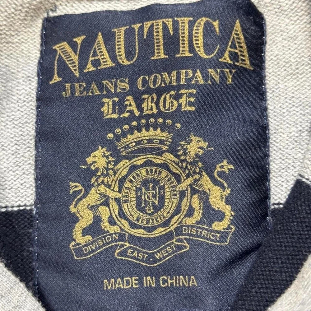 Nautica Mens Large Y2K Striped Quarter Zip Sweater Navy Blue Grey Crest Patch